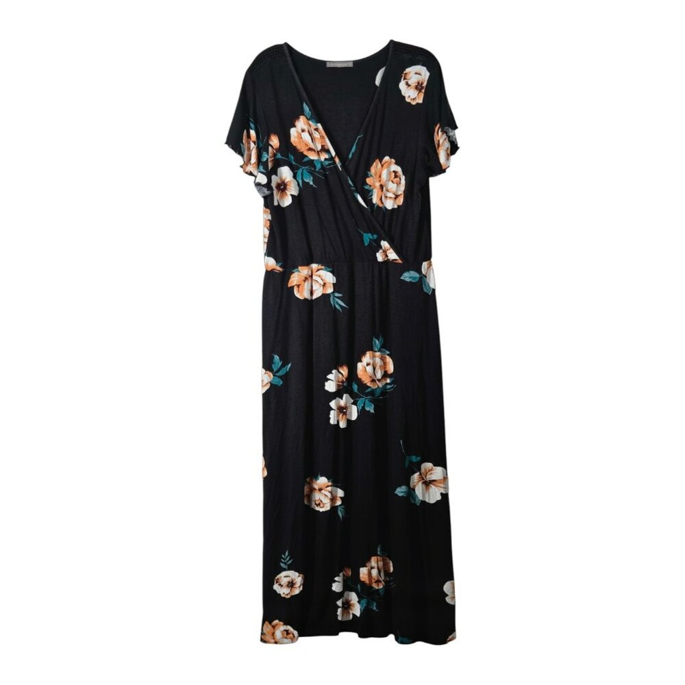 Loveappella1X Dress Maxi Crochet Accent Short Ruffle Sleeve V-Neck Floral Black